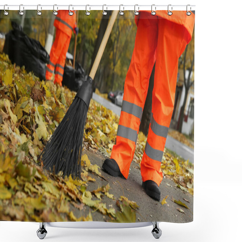 Personality  Street Cleaners Sweeping Fallen Leaves Outdoors On Autumn Day, Closeup Shower Curtains