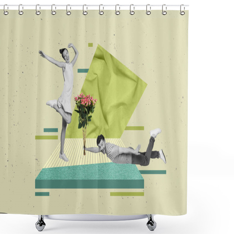 Personality  Collage Of Funny Young Boyfriend Give Girlfriend Bouquet Flowers Gift International Women Day She Celebrate Isolated On Green Background. Shower Curtains