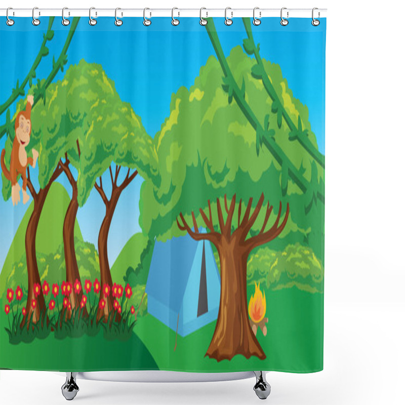 Personality  Monkey In Jungle Cartoon Forest Illustration Ape Hanging Tree Shower Curtains