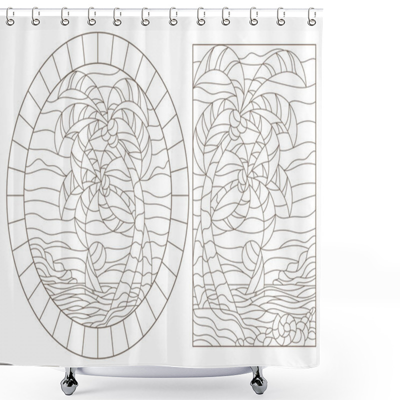 Personality  Set Contour Illustrations Of The Stained Glass Windows Of Tropical Landscapes ,island With Palm Trees Against The Sky, Ocean And Sun Shower Curtains