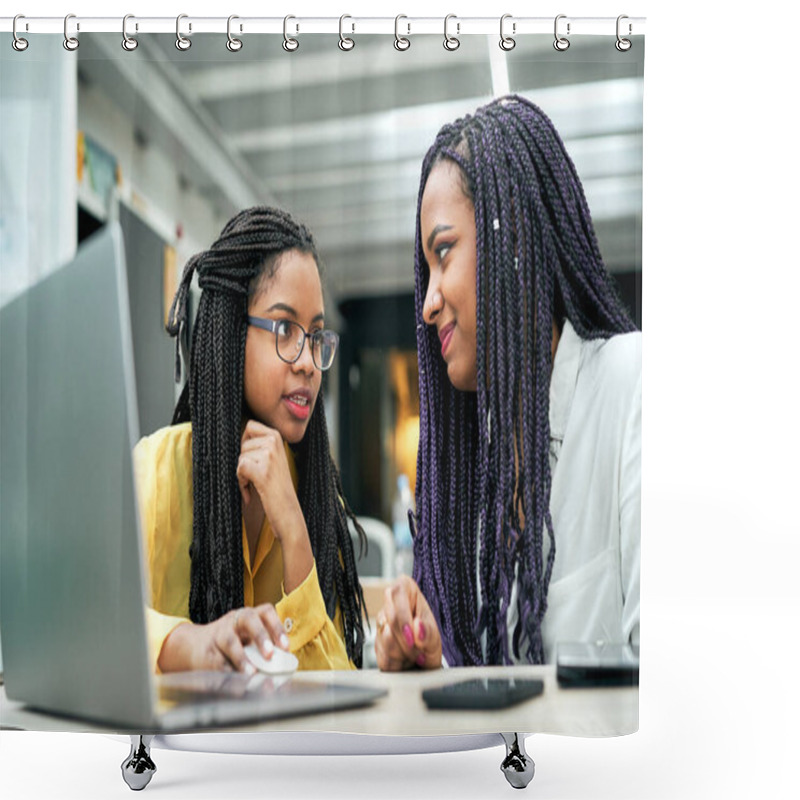 Personality  Two Smiling Young Women Working Together In An Office Using A Laptop. Shower Curtains