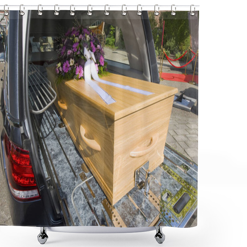 Personality  A Coffin With A Flower Arrangement In A Funeral Car Shower Curtains