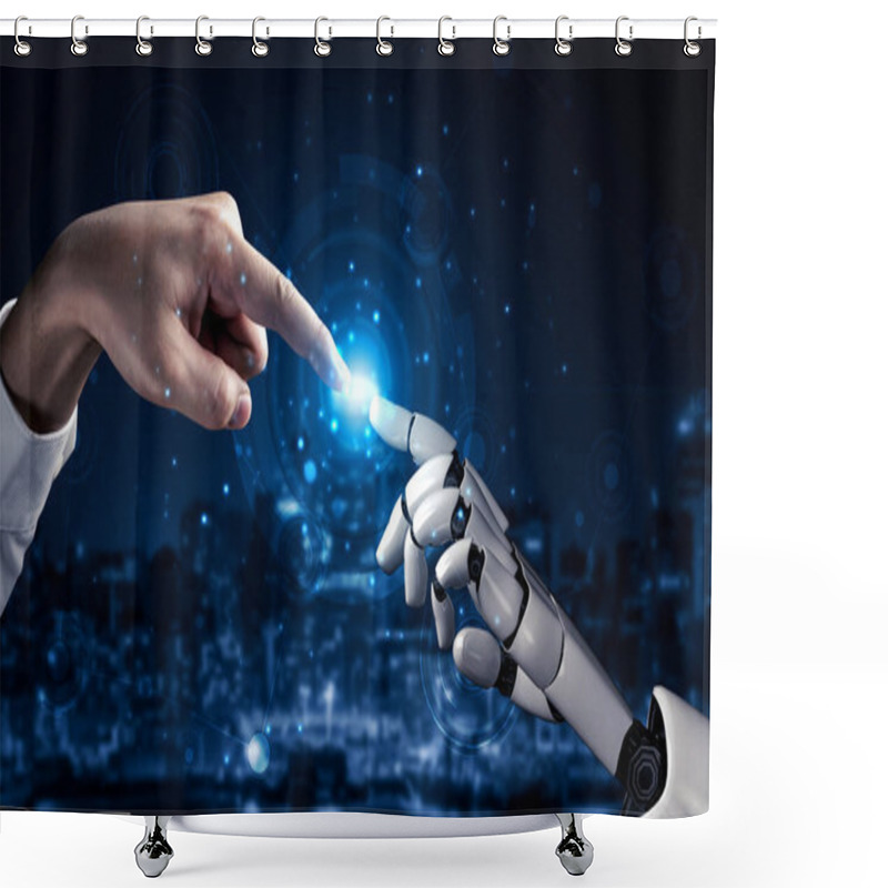 Personality  3D Rendering Artificial Intelligence AI Research Of Robot And Cyborg Development For Future Of People Living. Digital Data Mining And Machine Learning Technology Design For Computer Brain. Shower Curtains