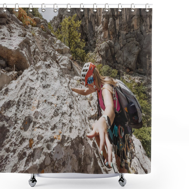 Personality  Athletic Woman In Protective Helmet And Harness With Rope And Quickdraws Climbing On Cliff Rock Wall Using In Paklenica National Park Site In Croatia. Active Extreme Sports Time Spending Concept. Shower Curtains