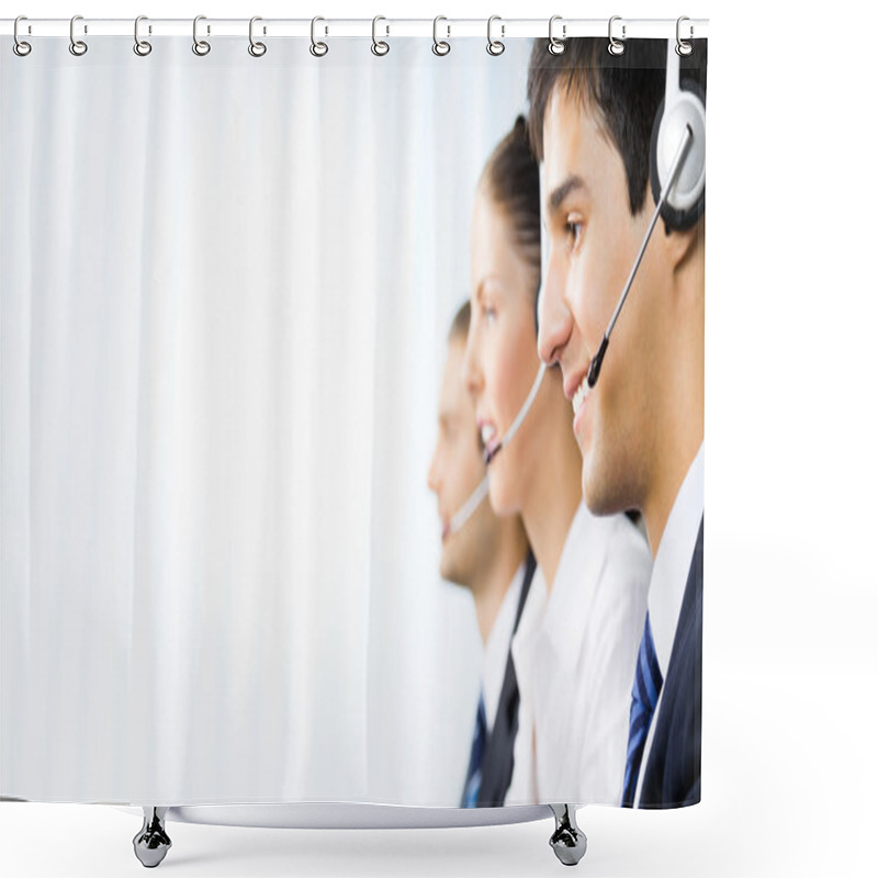 Personality  Three Customer Support Phone Operators At Office Shower Curtains