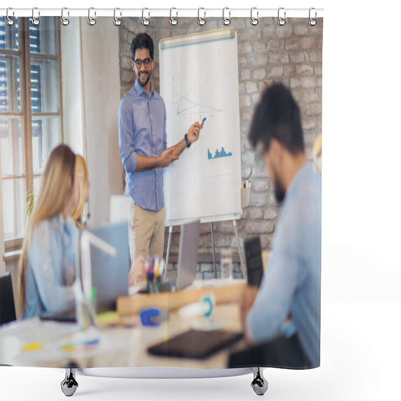 Personality  Businessman At Whiteboard Giving Presentation In Boardroom Shower Curtains