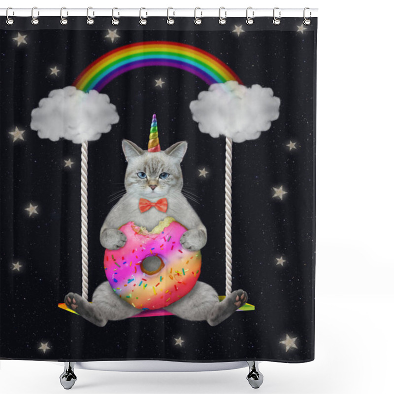 Personality  An Ashen Cat Unicorn With A Donut Sits On A Heaven Swing Under A Rainbow At Night. Shower Curtains