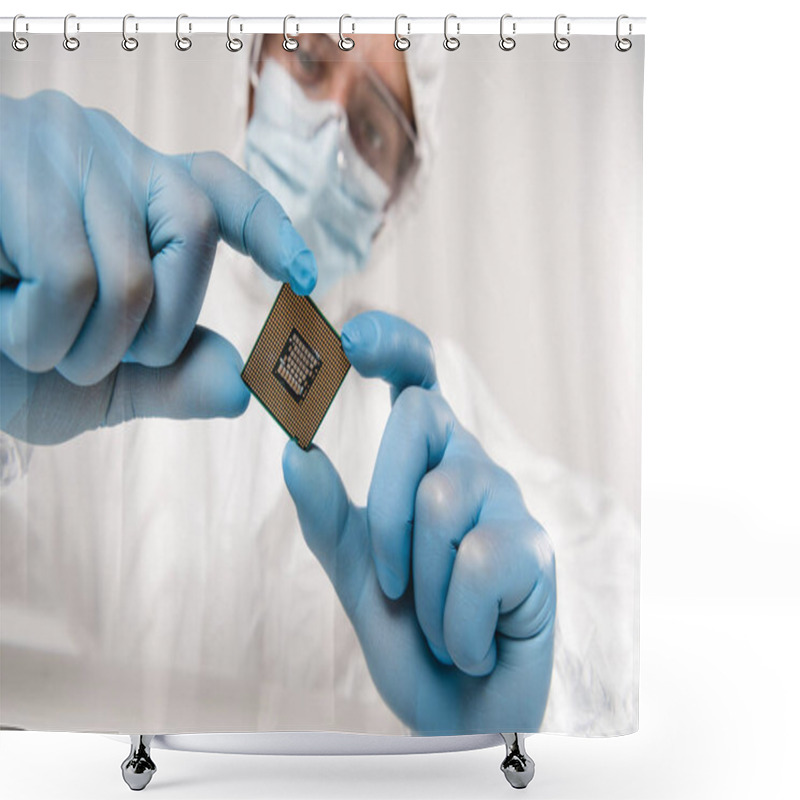 Personality  Selective Focus Of Microchip In Hands Of Scientist Wearing Latex Gloves, Googles And Mask On Grey Background Shower Curtains