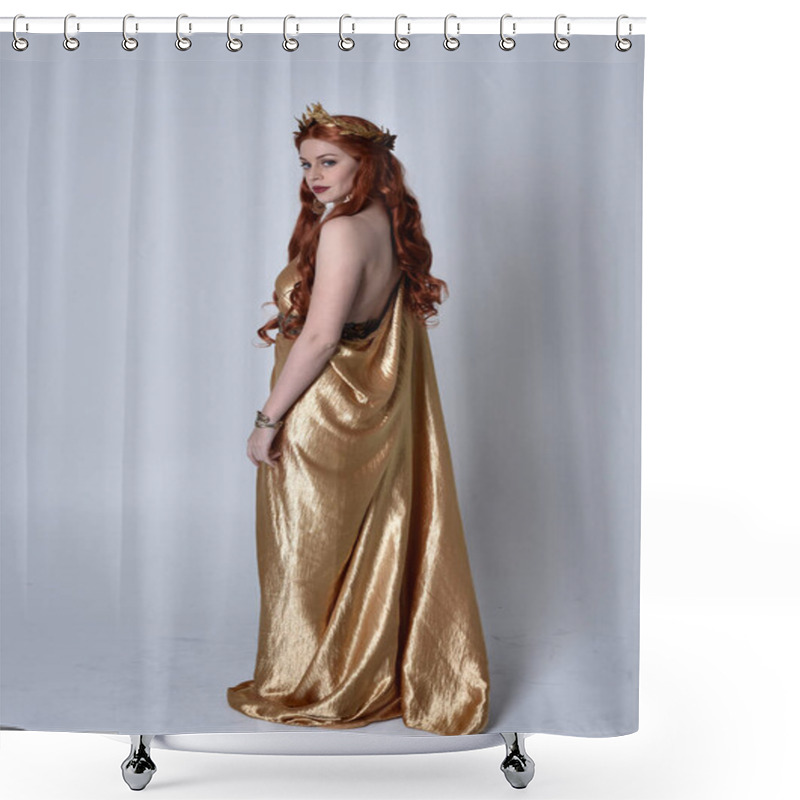 Personality  Full Length Portrait Of Girl With Red Hair Wearing Long Grecian Toga And Golden Wreath. Standing Pose With Back To The Camera,  Isolated Against A Grey Studio Background. Shower Curtains