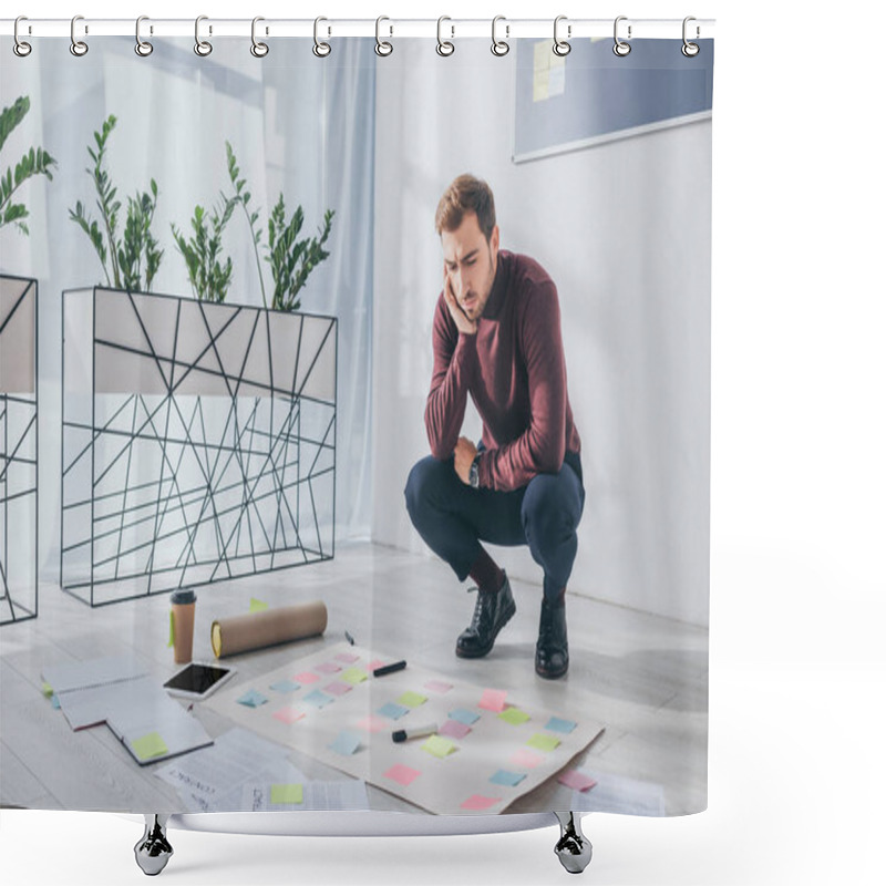 Personality  Handsome Scrum Master Sitting Near Documents And Gadget On Floor  Shower Curtains