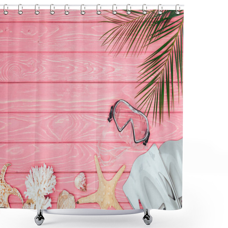 Personality  Top View Of Diving Mask With Flippers On Pink Wooden Surface Shower Curtains