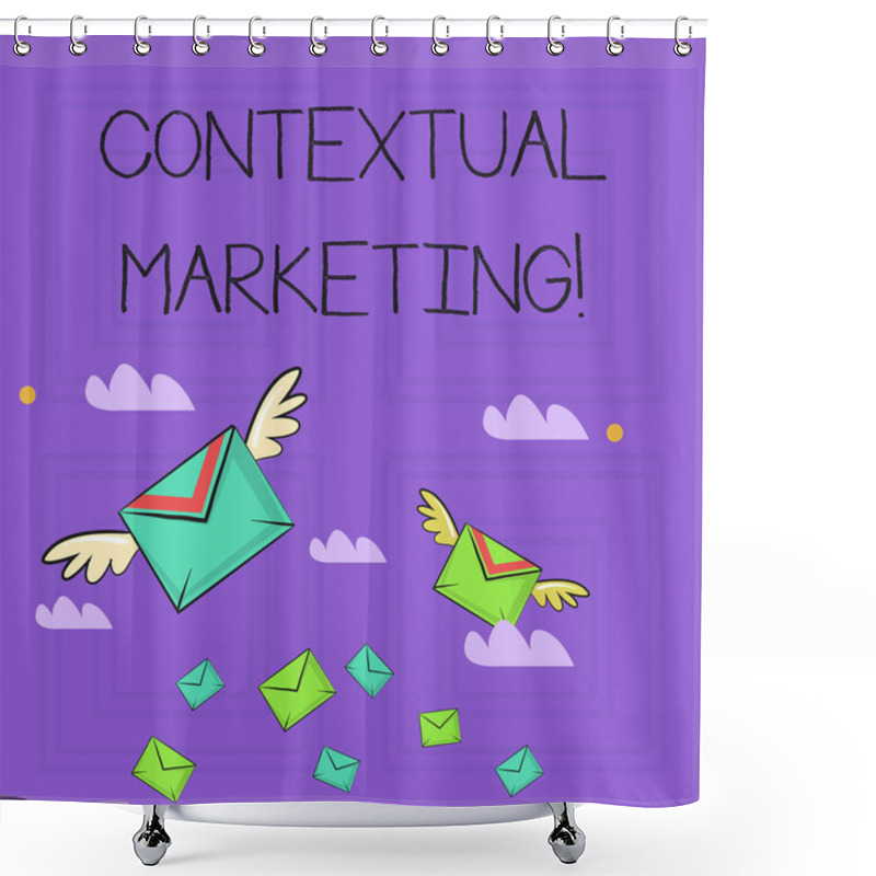 Personality  Writing Note Showing Contextual Marketing. Business Photo Showcasing Online And Mobile Marketing Behavioural Targeting Colorful Airmail Letter Envelopes And Two Of Them With Wings. Shower Curtains