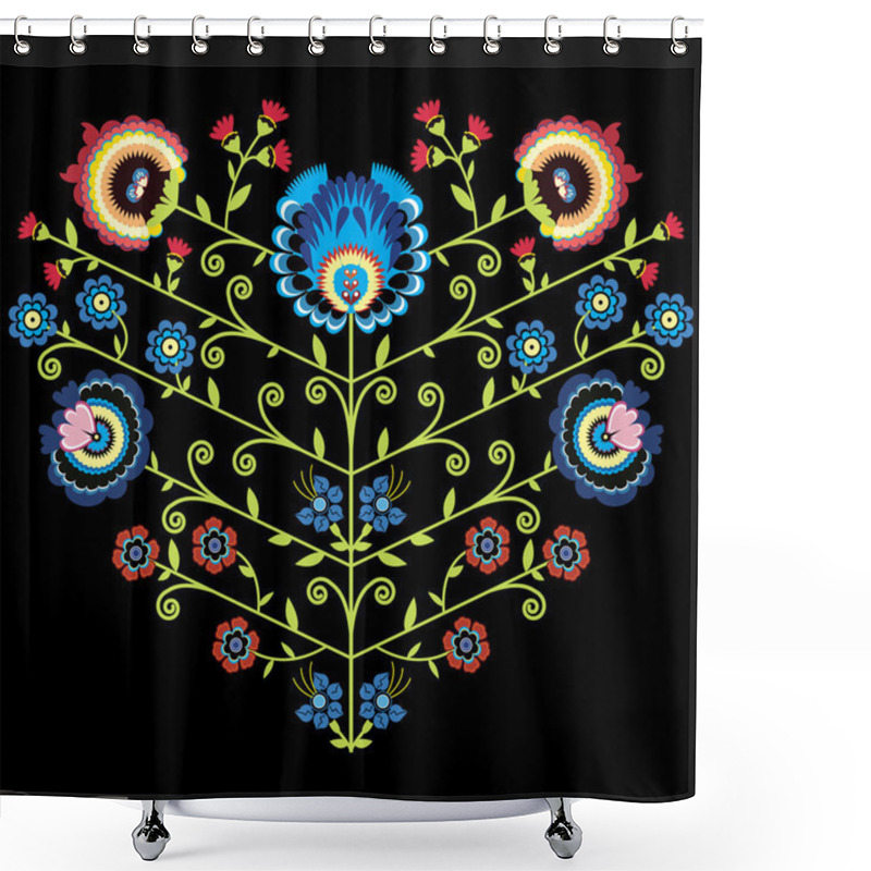 Personality  Polish Folk Floral Pattern In Heart Shape On Black Background Shower Curtains