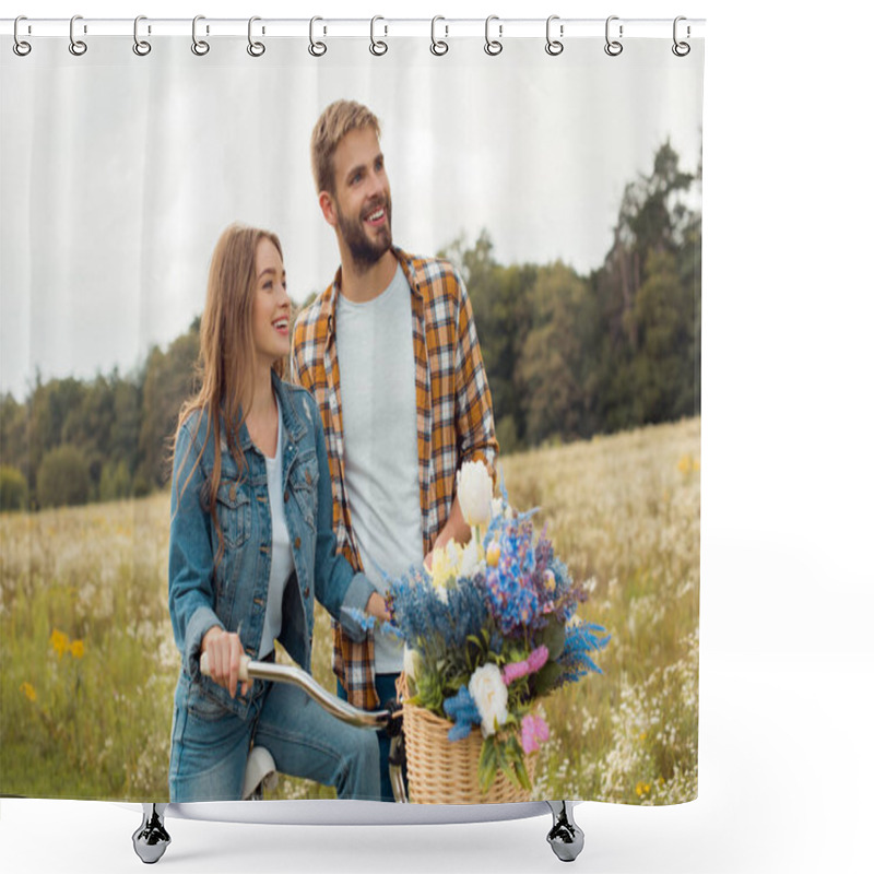 Personality  Smiling Young Lovers With Retro Bicycle In Field With Wild Flowers Shower Curtains