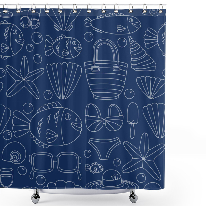 Personality  Vector Doodle Pictures Of Beach Vacation And Tropical Sea Life Shower Curtains