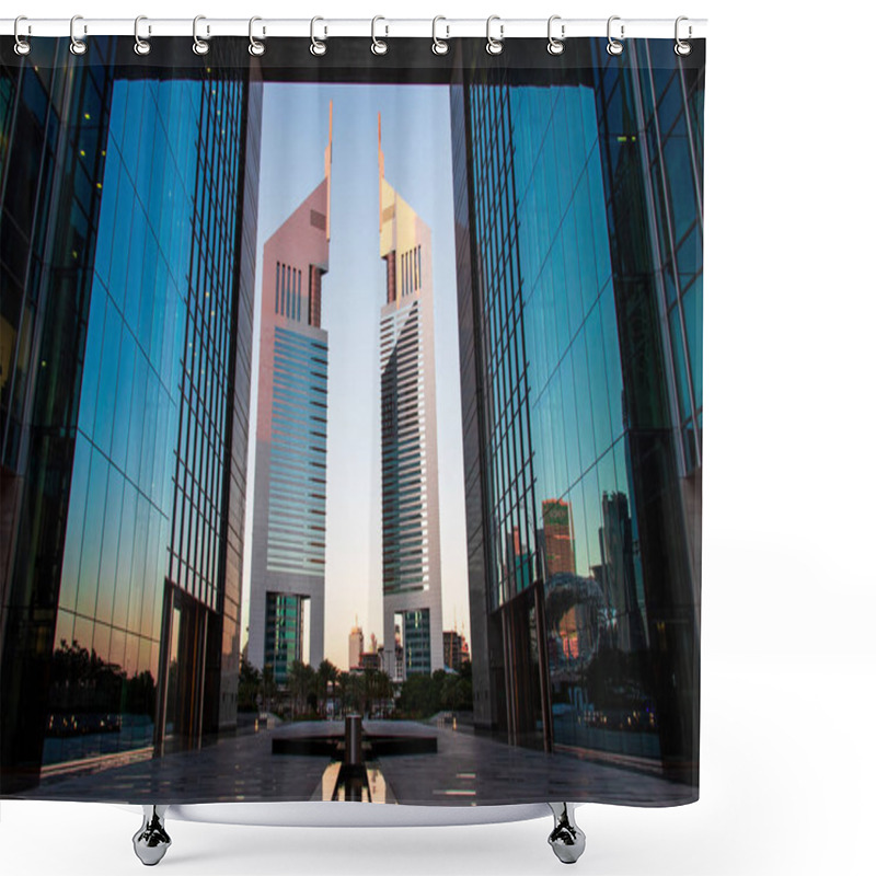 Personality  Dubai, United Arab Emirates - February 14, 2020: The Dubai International Financial Centre DIFC And Emirates Towers In Downtown Dubai UAE Shower Curtains