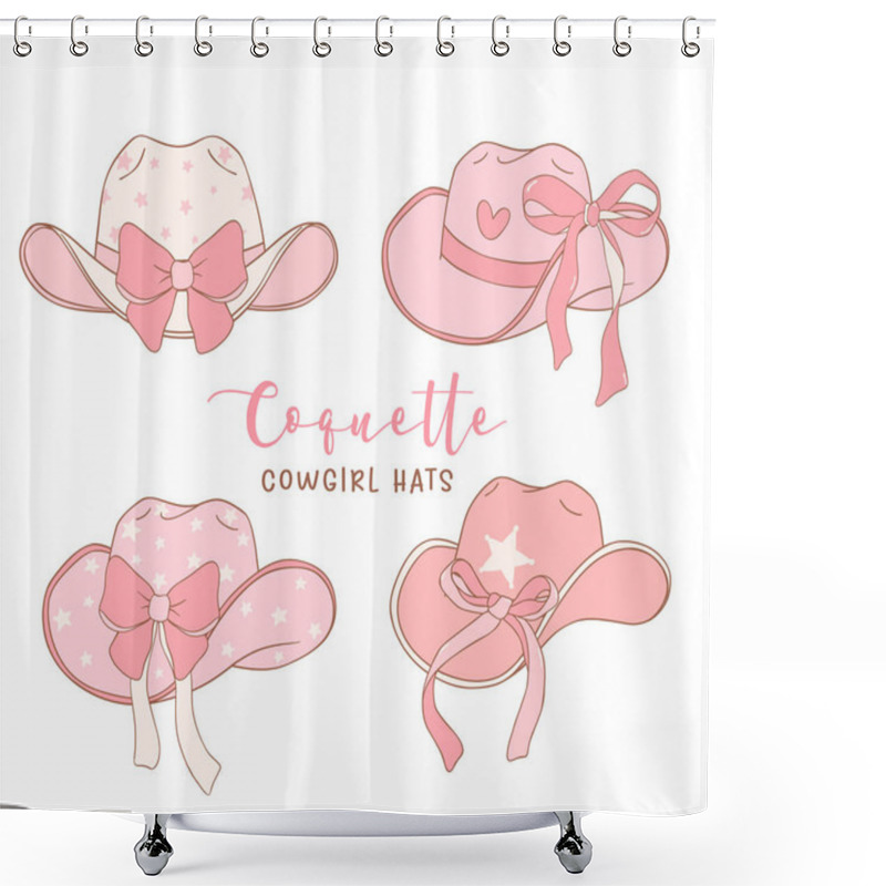 Personality  Set Of Coquette Cowgirl Hats With Pink Ribbon Bow Hand Drawn Doodle Illustration. Shower Curtains