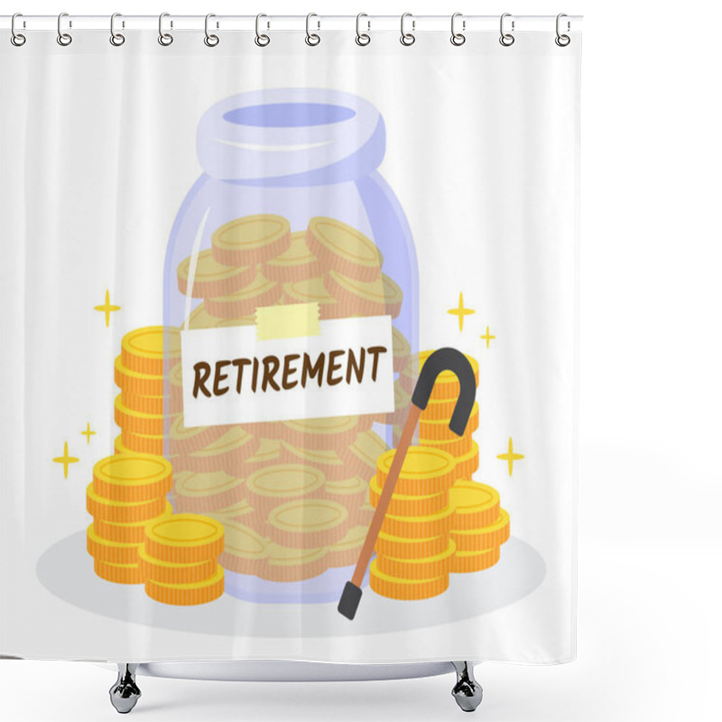 Personality  Money Jar With Walking Stick And Stack Of Golden Coins. Creative Financial Concept Of Savings Or Investment For Retirement Planning. Trendy Cute Vector Illustration. Flat Style Graphic Design Icon. Shower Curtains