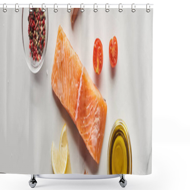 Personality  Top View Of Raw Salmon Steak Near Lemon, Tomatoes, Garlic, Oil And Peppercorns In Bowls On Marble Table, Panoramic Shot Shower Curtains