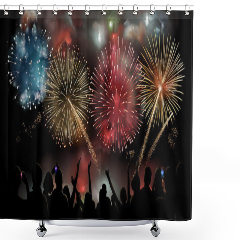 Personality  Holiday Celebration With Fireworks Show At Night, Silhouette Of People Watching A Festive Fireworks Display, Vector Background Shower Curtains