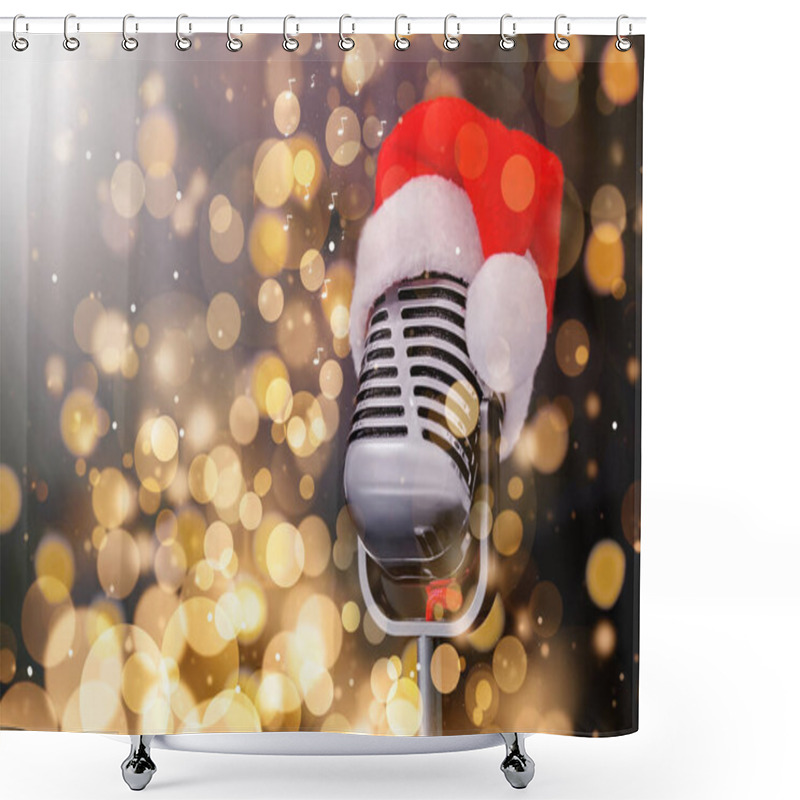 Personality  Retro Microphone With Santa Hat Against Blurred Lights, Space For Text. Christmas Music. Bokeh Effect Shower Curtains