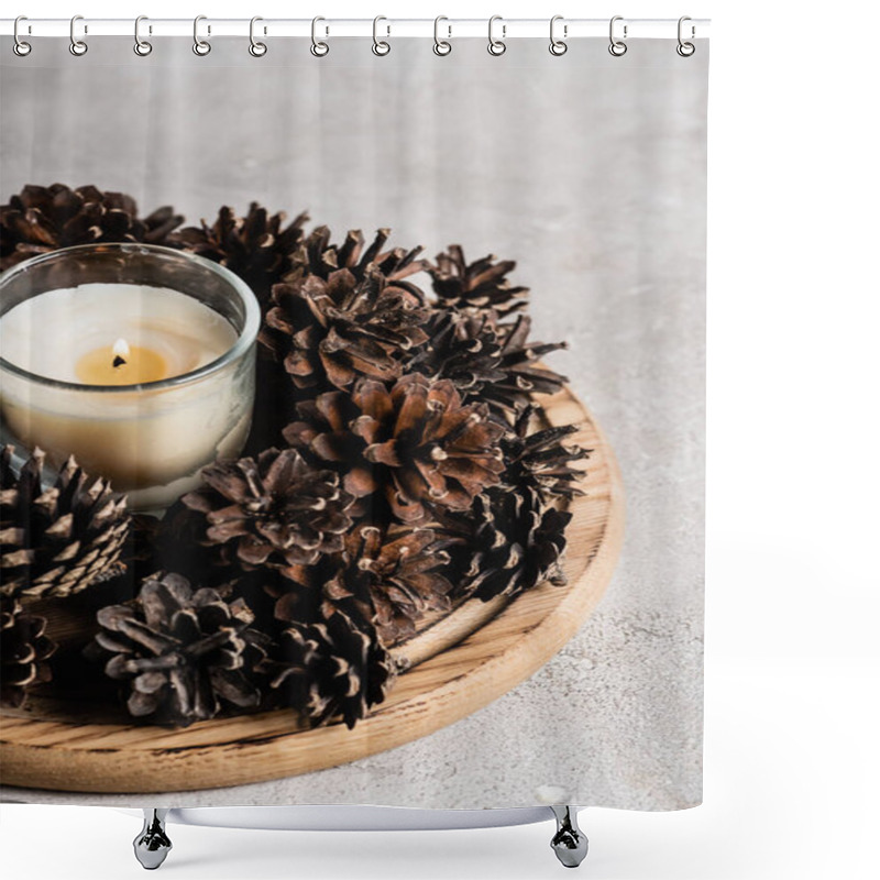 Personality  Scented Candle With Pine Cones On Wooden Plate On Textured And Grey Background Shower Curtains