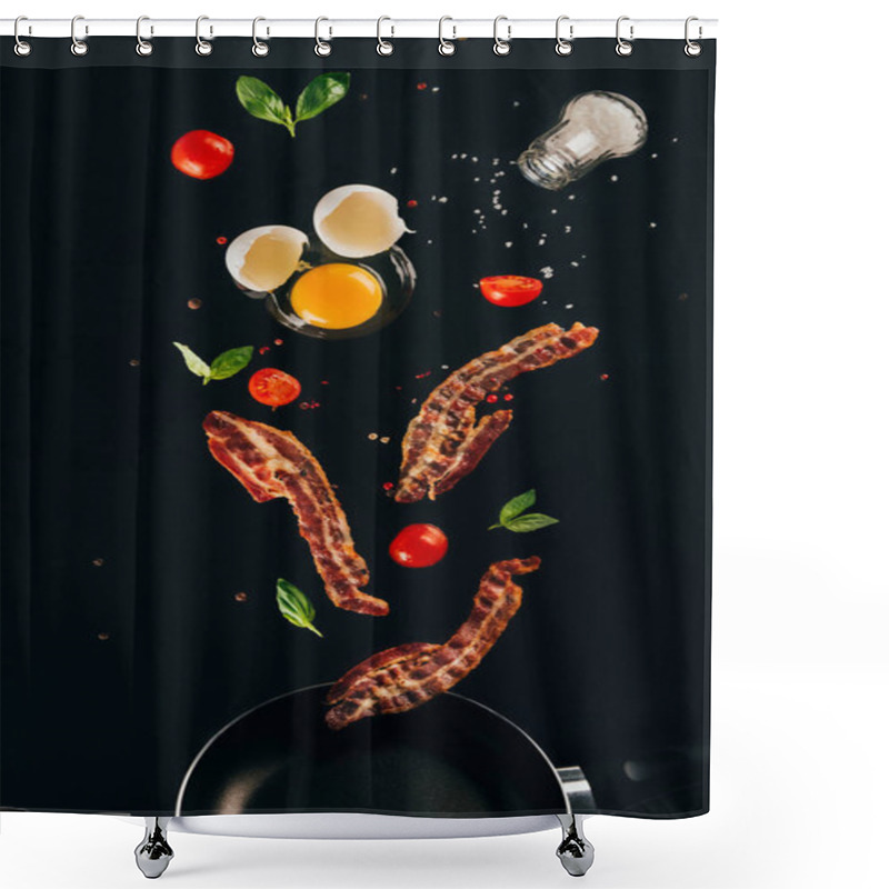 Personality  Close Up View Of Pieces Of Bacon, Cherry Tomatoes And Raw Egg Yolk Falling On Frying Pan Isolated On Black Shower Curtains