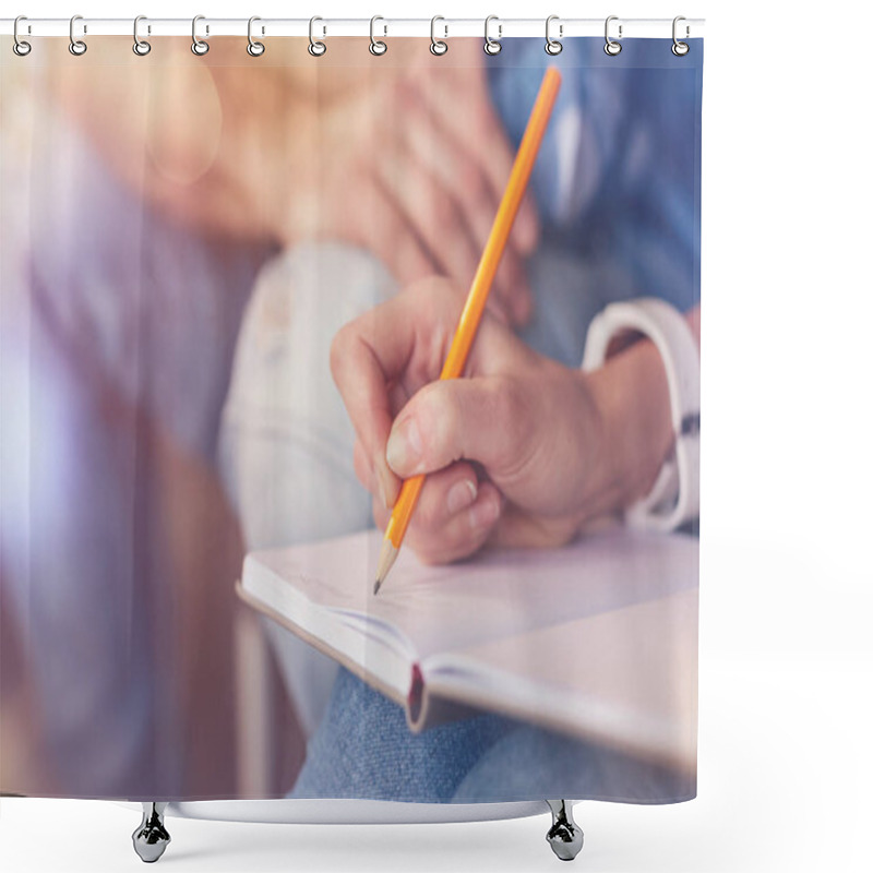 Personality  Scaled Up Look On Lady Writing Something Down Shower Curtains