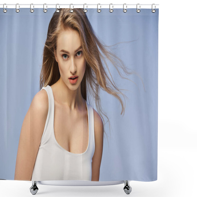 Personality  A Young Blonde Woman Exudes Elegance In A White Tank Top As She Poses For A Picture In A Studio Setting. Shower Curtains