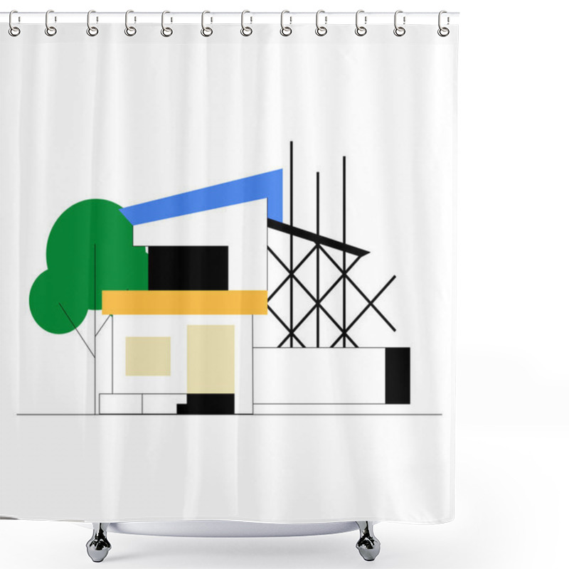 Personality  Modern House Under Construction With Scaffolding And Trees, Symbolizing Architecture And Urban Development. Highlights The Building Process In A Residential Setting. Shower Curtains