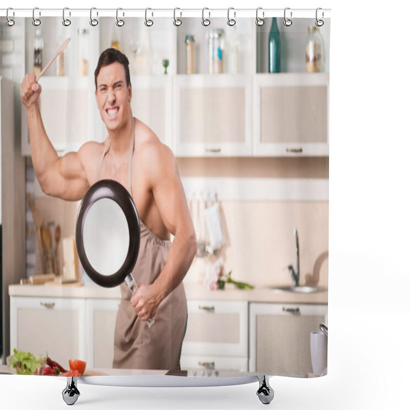 Personality  Man Posing With Kitchen Utensils. Shower Curtains