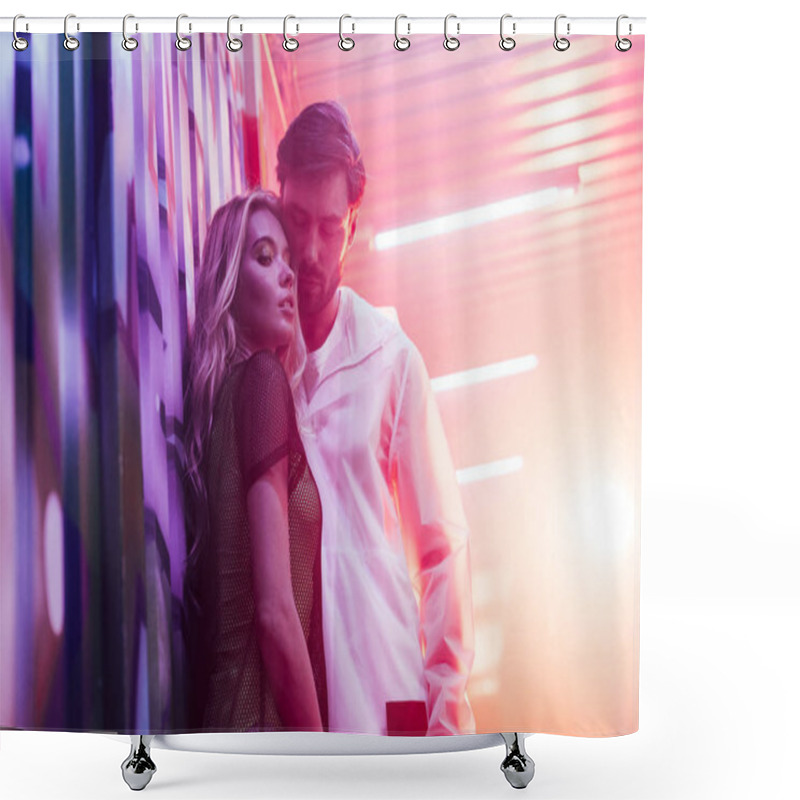 Personality  Attractive And Blonde Woman Hugging With Handsome Man In Night Club Shower Curtains