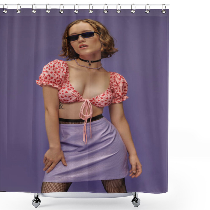 Personality  Stylish Young Woman In Trendy Sunglasses And Chic Attire Posing On Purple Background, Personal Style Shower Curtains