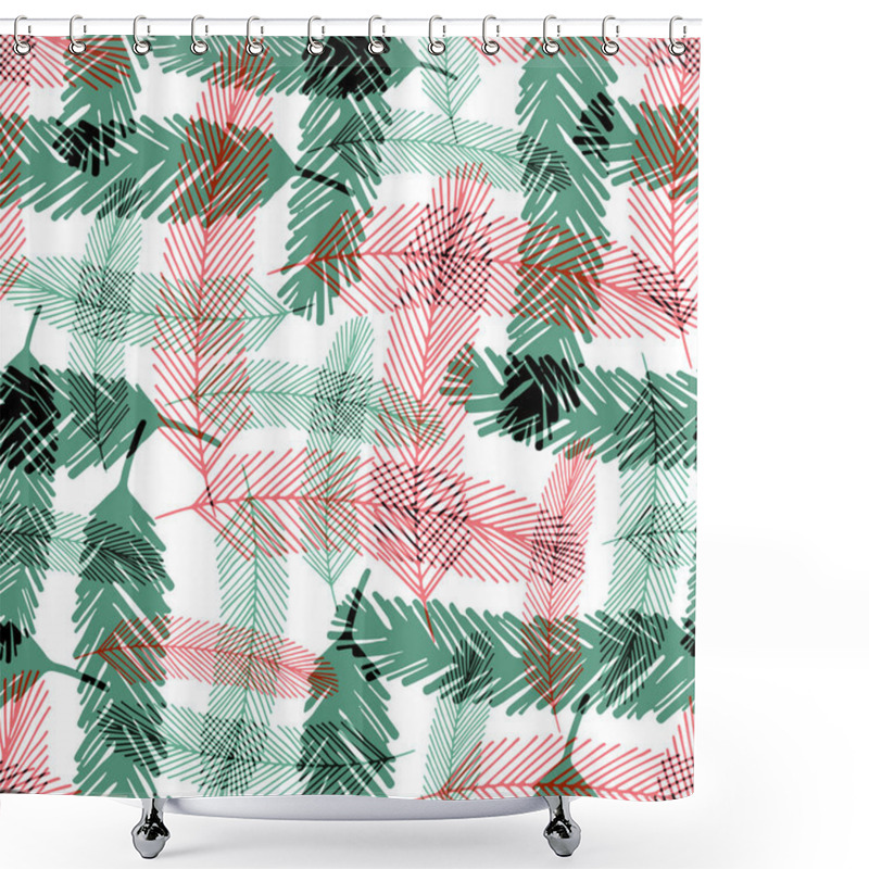 Personality  Seamless Pattern With Green And Red Fir Tree Branches. Vector Checkered Texture For Christmas Textile Design. Shower Curtains