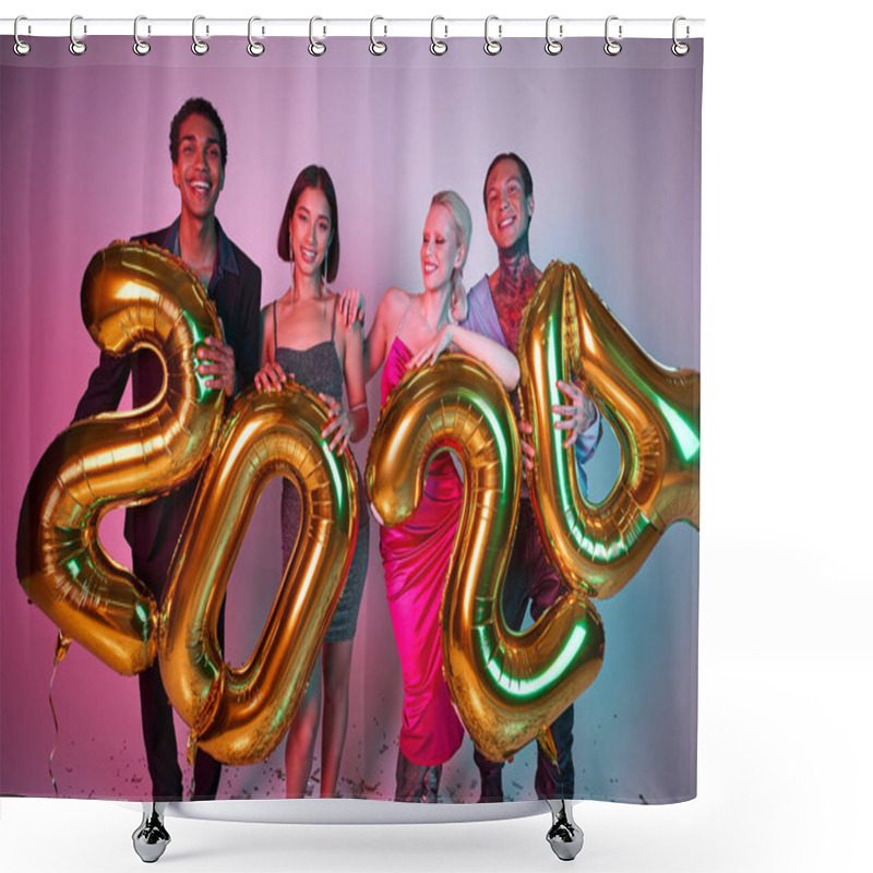 Personality  Merry Christmas And Happy New Year, Positive Interracial Friends Holding Balloons With 2024 Numbers Shower Curtains