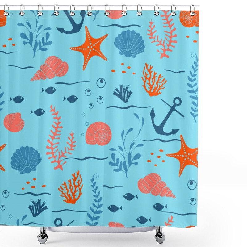 Personality  Seamless Vector Pattern With Underwater Seashells On Light Blue Background. Simple Bright Sea Life Wallpaper Design. Decorative Summer Fashion Textile. Shower Curtains