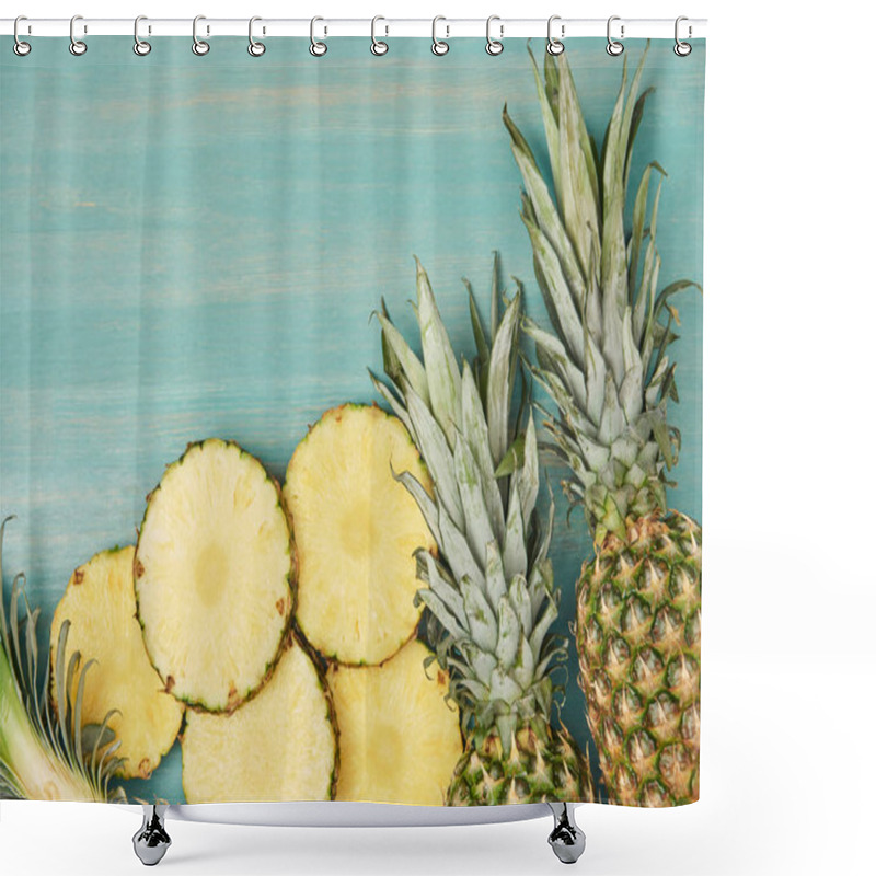 Personality  Top View Of Sliced And Whole Pineapples On Turquoise Wooden Table Shower Curtains