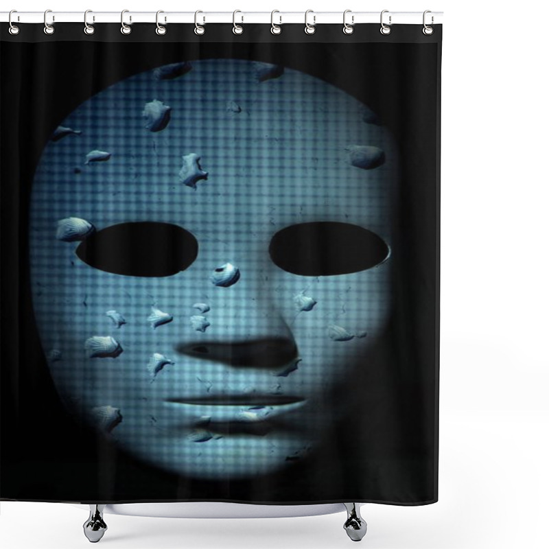 Personality  Textured Mask With Cracked Rough Wood  Painted Surface, Neutral Expression On Dark Background. Shower Curtains