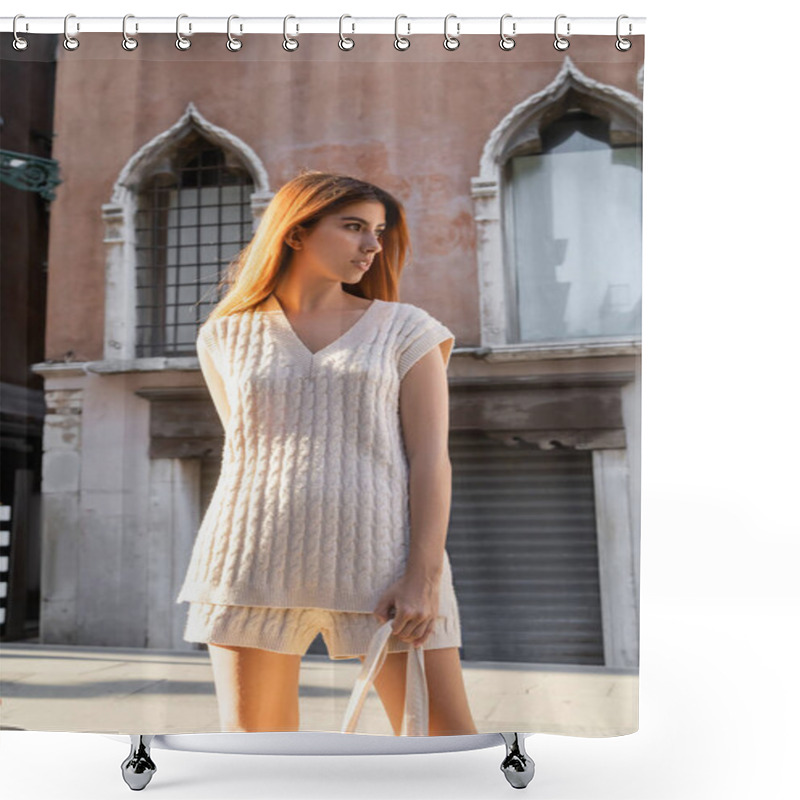 Personality  Pretty Woman In Sleeveless Jumper And Shorts Looking Away On Medieval Street In Venice Shower Curtains