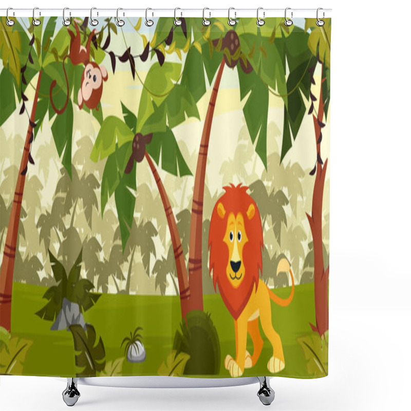 Personality  Vector Illustration Of A Beautiful Jungle Landscape. Cartoon Jungle Scene With Cute Animals, A Lion And A Monkey Hanging On A Vine, Palm Trees With Coconuts, Stones With Tropical Leaves, Bushes. Shower Curtains