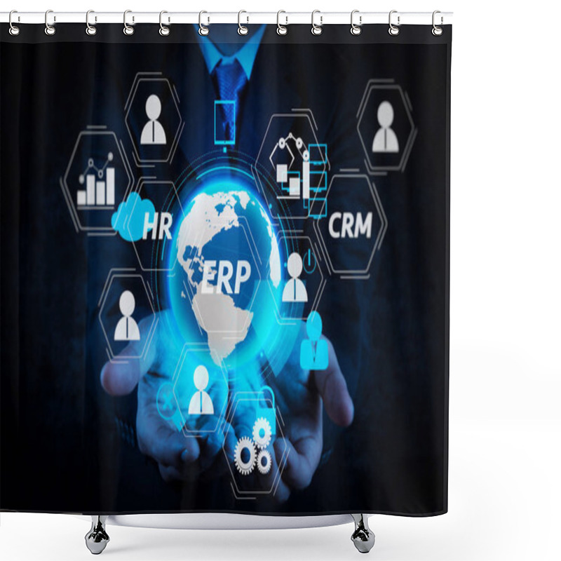 Personality  Businessman Hand Show 3d World With Padlock As Internet Security Shower Curtains