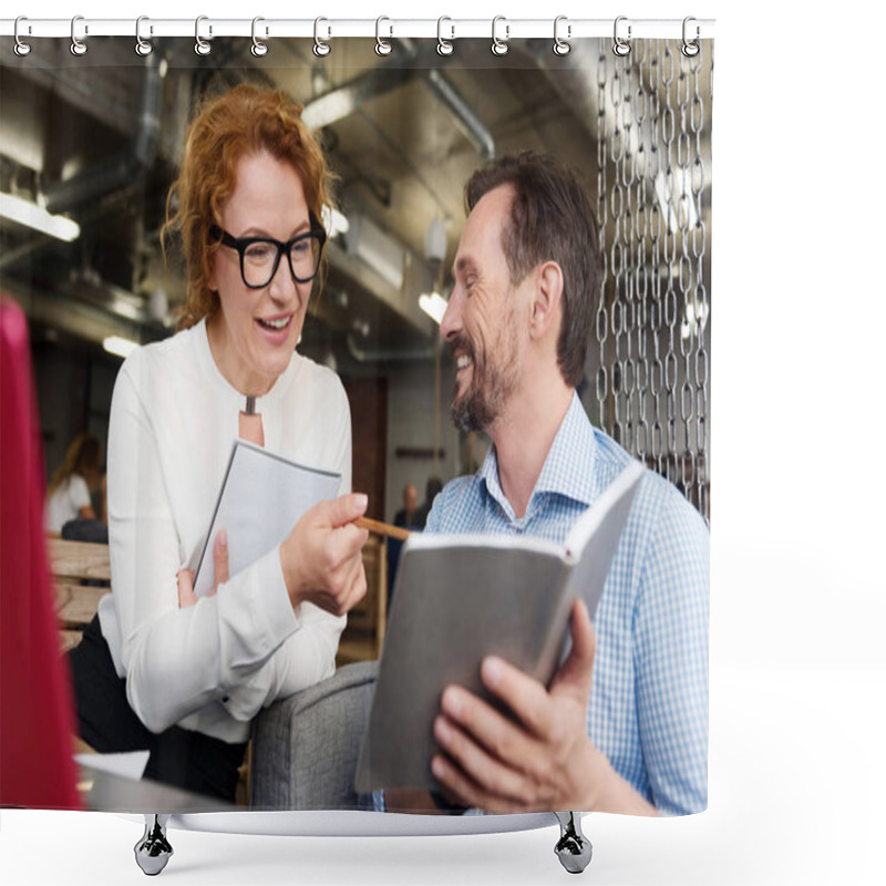 Personality  Woman Pointing At Notebook Of Her Male Partner Shower Curtains