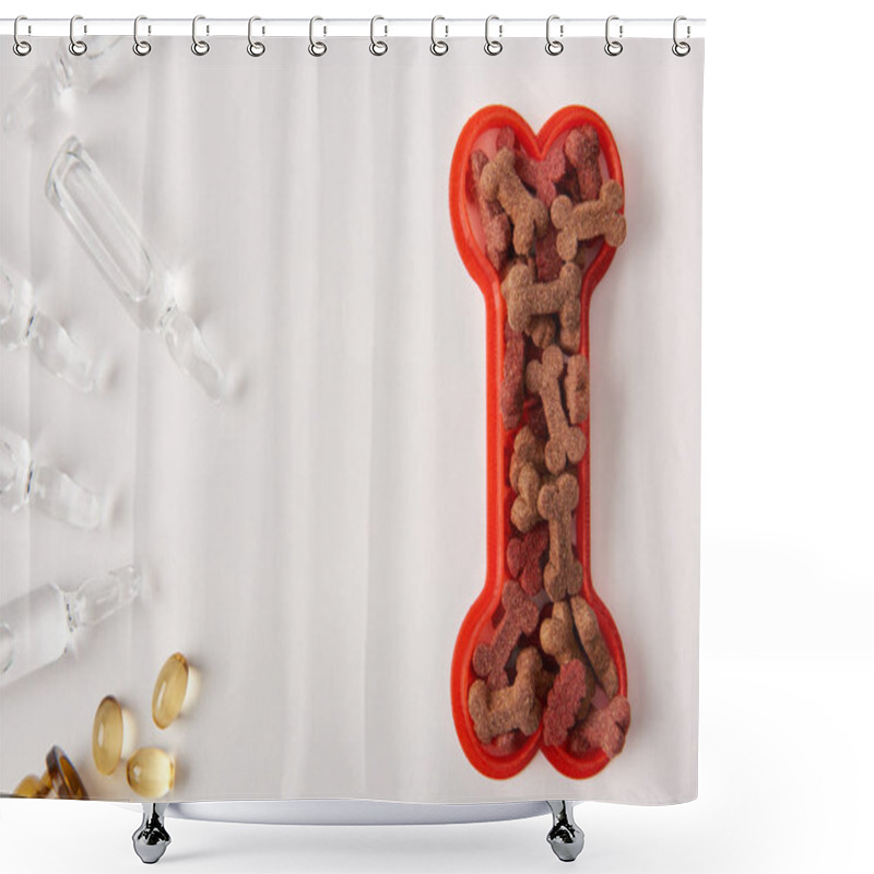 Personality  Top View Of Plastic Bone With Dog Food, Pills And Ampoules With Medical Liquid On White Surface Shower Curtains