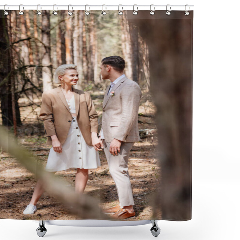 Personality  Selective Focus Of Handsome Man And Attractive Woman Holding Hands In Forest Shower Curtains