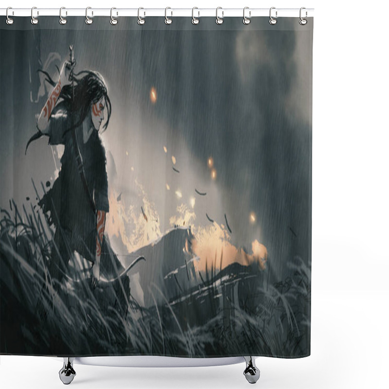 Personality  A Female Hunter With Bow In Battlefield, Digital Art Style, Illustration Painting Shower Curtains