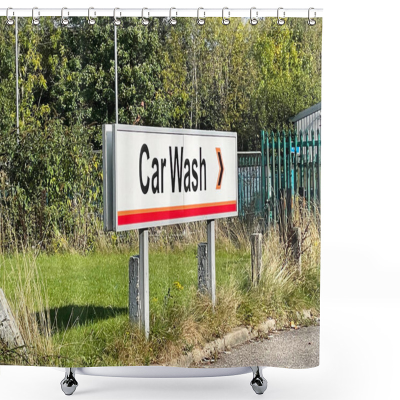 Personality  Car Wash Facility With Signage On A Sunny Day. The Setting Is Surrounded By Greenery And Clear Blue Skies, Creating A Welcoming Atmosphere. Shower Curtains