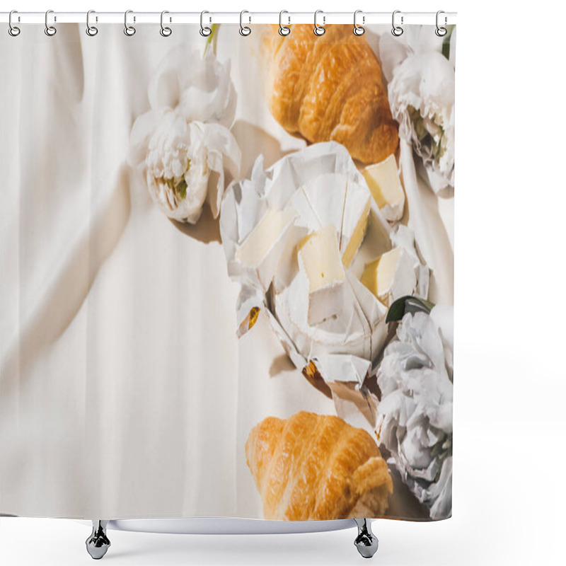 Personality  Top View Of Of French Breakfast With Croissants, Camembert, Peonies On White Tablecloth Shower Curtains