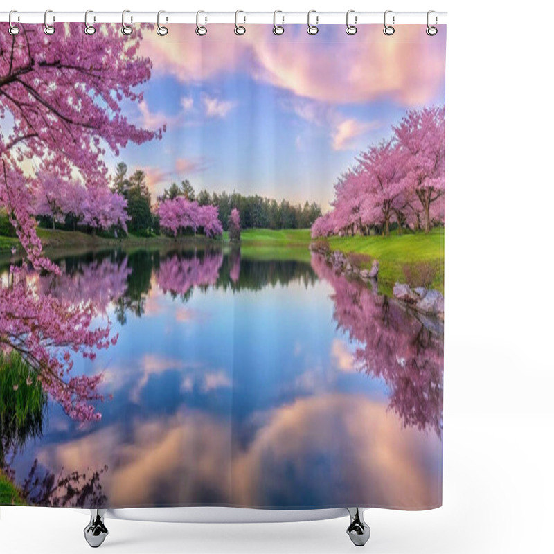 Personality  Petals In The Wind: A Soft Breeze Carries Petals From A Field Of Blooming Cherry Blossoms Under A Luminous Pastel Sky. The Stillness Of A Reflective Pond Captures The Harmony Of Earth And Sky. Shower Curtains