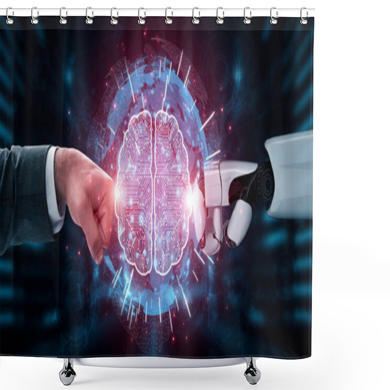 Personality  3D Rendering Artificial Intelligence AI Research Of Robot And Cyborg Development For Future Of People Living. Digital Data Mining And Machine Learning Technology Design For Computer Brain. Shower Curtains