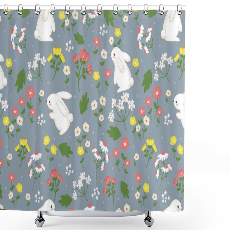 Personality  Bunny And Flowers Repeat Pattern. Beautiful Retro Background. Elegant Fabric On Light Background Surface Pattern Design. Shower Curtains